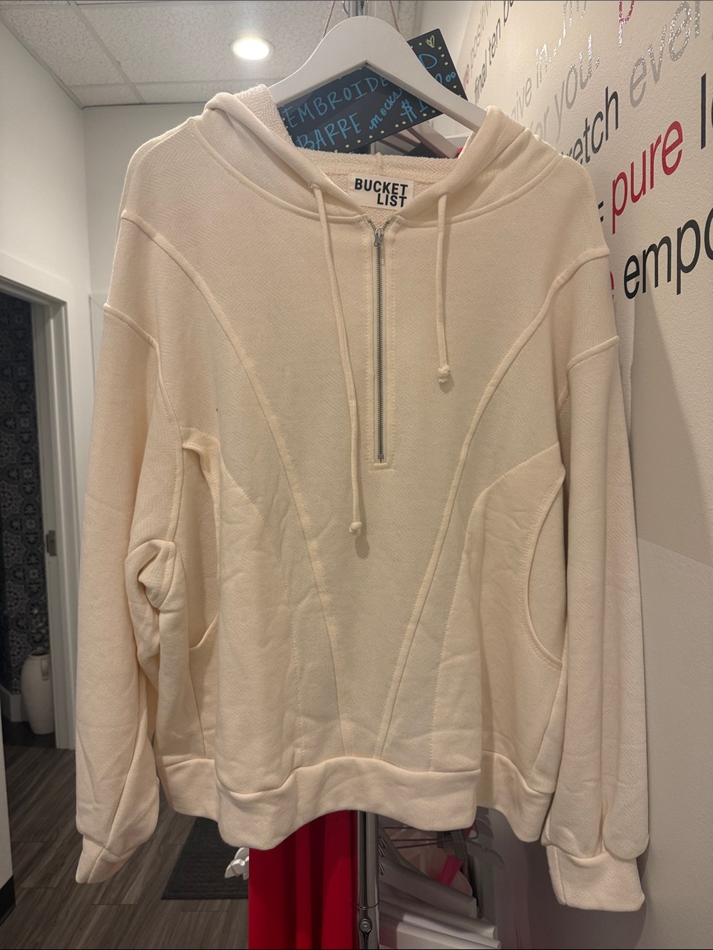 NWT Oversized BUCKETLIST Cream Half-Zip Drawstring Hoodie
